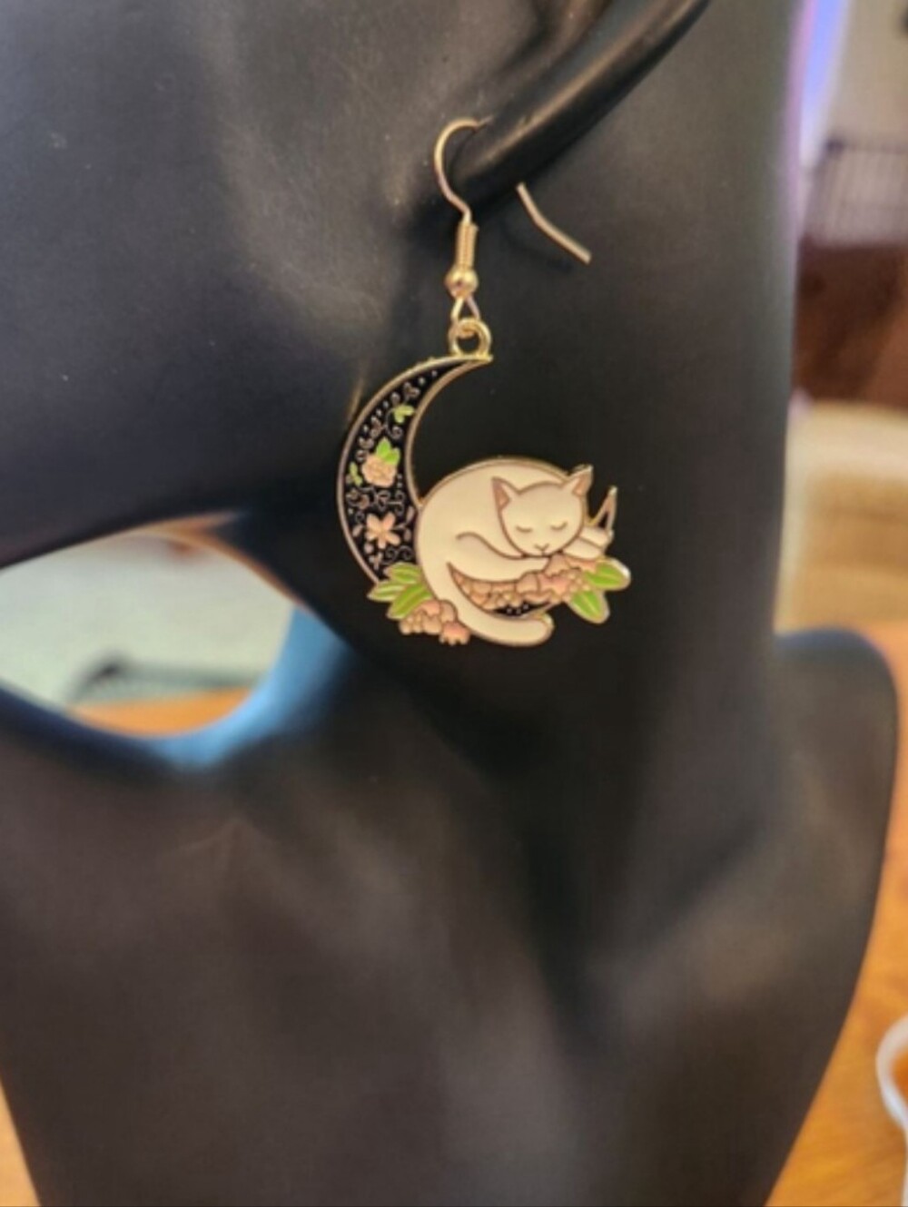 Dangle Earrings White Cat on the Moon